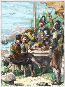 Sir Walter Raleigh à Trinidad, obtenant des informations des soldats espagnols concernant la Guyane, 1595 - Unknown artist
