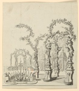 Décor de scène : Architecture de jardin avec fontaine et sculptures - Unknown artist