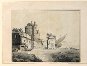 Décor de scène, ruines près du rivage