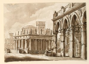 Décor de scène, place avec bâtiment public - Unknown artist