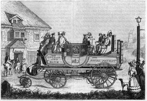 Voiture à vapeur de Gurney expérimentée à Londres en 1827. - Unknown artist