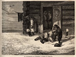 Sanctification du dimanche avec de la liqueur de cumin, ouvriers de Dorpat. Dessin de Henriet, pour illustrer son voyage dans les provinces baltes russes en 1851-54. Gravure dans « Le tour du monde », édité par Edouard Charton