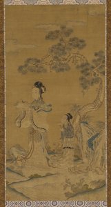 Tapisserie : une immortelle taoïste et une assistante sous un pin