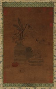 Tapisserie : un bol, deux jarres, des fleurs et des fruits