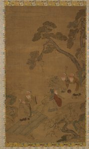 Tapisserie : cinq sages dans un jardin sous des pins - Unknown artist