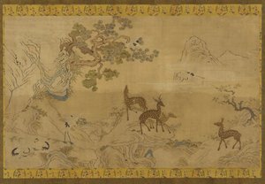 Tapisserie : paysage avec cerfs, cigognes, pins et pêcher - Unknown artist
