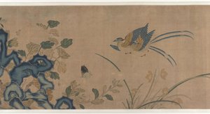 Tapisserie de fleurs, un rocher, des oiseaux et des papillons - Unknown artist