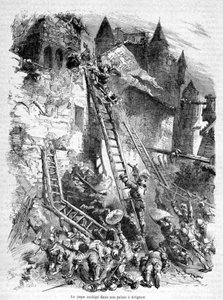 Le (anti-) Pape (Benoît XIII) assiégé dans son palais à Avignon (par la troupe du Pape Boniface IX) - dans « Histoire des papes, rois, reines, empereurs, à travers les siècles » par Maurice Lachatre - Unknown artist