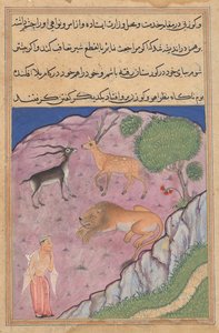 Le Brahmane rencontre un lion qui a un cerf et une gazelle comme vizirs, de Tuti-nama (Contes d