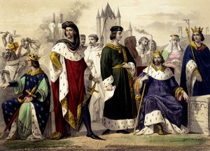 Les Capétiens de 1270 à 1322. Philippe III le Hardi, Philippe IV le Bel, Louis X le Hutin, Philippe V le Long, Charles IV le Bel. Gravure du 19ème siècle