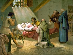 La Mort de Christophe Colomb 20/05/1506. Gravure en couleur du 19e siècle. - Unknown artist