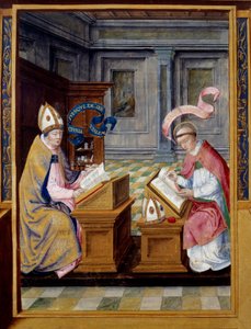 Saint Cyrille de Jérusalem (315-386) et Saint Augustin (354-430) Miniature sur parchemin du XVIe siècle. Écouen, Musée national de la Renaissance