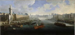La Grande Galerie du Louvre, avec la Porte Neuve, le Pont-Neuf, la Cité, le Collège des Quatre-Nations en construction et le Quai Malaquais, vers 1665. Sur la Seine, la galère royale, entre 1660 et 1670 - Unknown artist