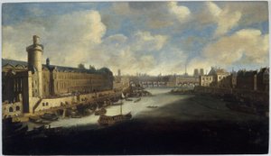 La Grande Galerie du Louvre, avec la Porte Neuve, le Pont-Neuf, la Cité, le Collège des Quatre-Nations en construction et le Quai Malaquais, vers 1665. Sur la Seine, la galère royale, entre 1660 et 1670