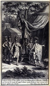 Les Grecs, étonnés de leur défaite, envoient Ulysse, Ajax et Phénix à Achille pour le prier de revenir au camp. Ce prince rejette fièrement leurs prières et les renvoie durement. Illustration du livre IX de l