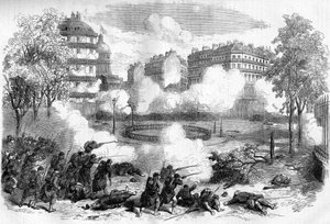 La Commune de Paris en 1871. Attaque des barricades des fédérés (communards) devant le Panthéon par le corps d