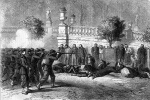 La Commune de Paris en 1871. Exécution des fédérés (communards) au Jardin du Luxembourg pendant la semaine sanglante du 22 au 28 mai 1871. Le sixième arrondissement fut l