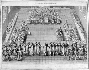 Le Colloque de Poissy en 1561. Au centre le roi de France Charles IX (1550-1574) et la reine mère Catherine de Médicis (1519-1589).