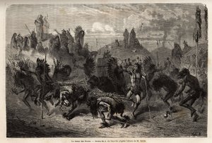 La danse du bison exécutée par les guerriers des Indiens Mandans (ou noumah ka kie : faisans) sur la rive gauche du Missouri. Gravure pour illustrer une excursion parmi les tribus indiennes des bassins de la Colombie et du Haut-Missouri, par G. Catlin, 185 - Unknown artist