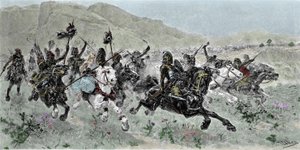 La charge des Huns menée par Attila (405-453), déferlant sur l