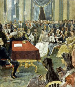 Le mariage civil du Prince de Naples - devenu Victor Emmanuel III - avec la princesse Hélène de Monténégro au Palais du Quirinal en 1896. Au centre, on peut voir Humbert Ier à gauche de la mariée