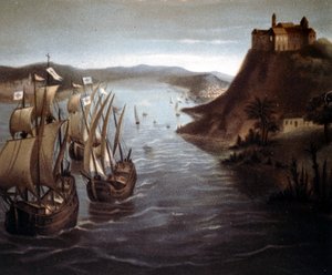 Le départ de Christophe Colomb de Palos. Chromolithographie du XIXe siècle