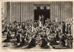 La salle à manger du théâtre de Yokohama est en permanence remplie, même pendant la représentation. Gravure pour illustrer le voyage au Japon, par Aimé Humbert, ministre de la Confédération suisse, en 1863-1864, publié dans "Le tour du monde", sous la dire - Unknown artist