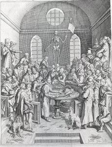 La dissection Groupe de médecins et de scientifiques réunis pour suivre une dissection dans un amphithéâtre. Gravure de 1788 - Unknown artist