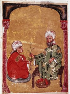 Le médecin et botaniste Pedanius Dioscoride (Pedanius Dioscorides) (40-90 après J.-C.) assis avec un de ses élèves Miniature de son traité "De materia medica" (ms Ahmed III, 2147, folio 217a) 1229 Bibliothèque du musée Topkapi Sarayi, Istanbul - Unknown artist