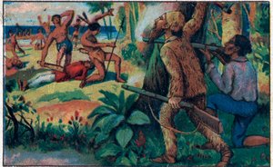 Le combat avec les sauvages. Illustration pour le livre de Daniel Defoe Robinson Crusoé. Chromolithographie de la fin du XIXe siècle.