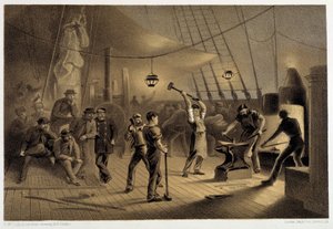 La forge sur le pont. Nuit du 9 août préparant le revêtement en fer pour le cabestan - dans « Le télégraphe atlantique » par W. H. Russel, ca. 1860 - Unknown artist