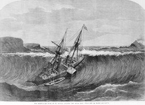 La grande vague du tsunami de décembre 1867 à Saint Thomas, Îles Vierges, tombe sur le bateau à roues La Plata. Gravure du 19ème siècle. - Unknown artist