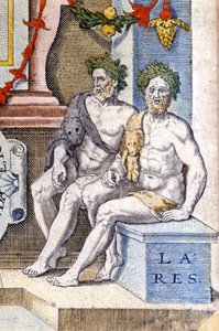 Les dieux lares : ils protègent la maison et ses habitants (ils sont les esprits des ancêtres). Gravure du XVIe siècle - Unknown artist