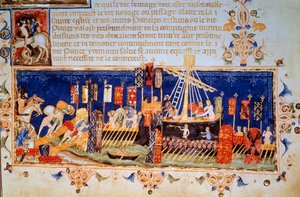 Le chargement des bateaux pour la Croisade. Miniature tirée des « Statuts de l