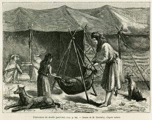 La fabrication du lait par les femmes des bergers de la région de Karoun. Gravure pour illustrer l