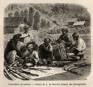 La fabrication de paniers en feuilles de palmier, pour la collecte du café. Gravure pour illustrer le voyage au Brésil, récit par M. et Mme Agassiz, en 1865-1866, publié dans "Le tour du monde, nouveau journal des voyages", sous la direction d
