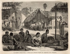 Le marché de Phnom Penh, où les commerçants malaisiens et les marchands chinois offrent une large gamme de produits de consommation et de fabrication. Gravure pour illustrer le voyage d