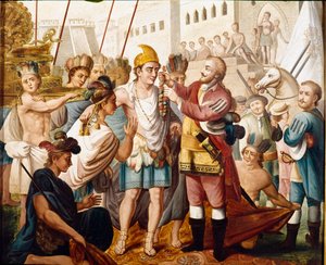 La rencontre entre Hernan Cortes et le roi aztèque Montezuma - Unknown artist