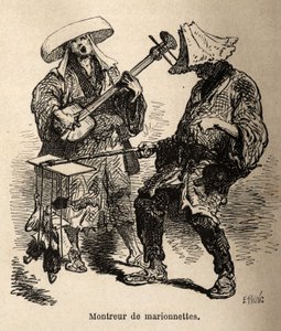 Spectacle de marionnettes et musicien accompagnateur pour divertissement de rue. Gravure pour illustrer le voyage au Japon, par Aimé Humbert, ministre de la Confédération suisse, en 1863-1864, publié dans « Le tour du monde », sous la direction de Edouard 