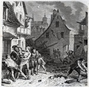 Le plat à barbe de Lille. Un épisode du siège de Lille en 1792 pendant les guerres révolutionnaires françaises - Le siège de Lille en octobre 1792 - Révolution française - Bombardement par les Autrichiens et les Prussiens - Le barbier utilise une demi-bomb - Unknown artist