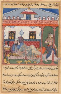 Le serpent, caché dans un panier de fleurs, se révèle au Raja qui vient de renvoyer sa femme, de Tuti-nama (Contes d
