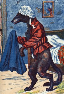 Le loup met les vêtements de la grand-mère. Illustration anonyme pour « Le Petit Chaperon rouge », conte de Charles Perrault (1628-1703), écrivain français. Imagerie Marcel Vagne, Jarville Nancy, fin du XIXe siècle. - Unknown artist