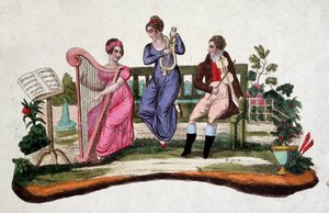 Trois personnes jouant des instruments de musique dans un jardin : harpe, lyre, viole. Gravure sd. du 18e siècle.