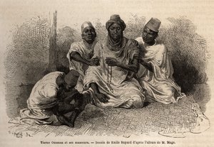 Tierno Ousman, de la tribu Toucouleur, chef du village de Guemmou Koura (Mali), tenant un chapelet musulman avec de gros grains, récitant ses prières, tandis que ses masseurs lui massent le dos et les jambes. Gravure pour illustrer le voyage au Soudan occi - Unknown artist