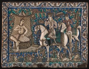 Carreau représentant Khusrau survenant lors du bain de Shirin