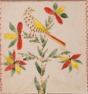 Petit oiseau jaune et rouge sur une branche fleurie - Unknown artist