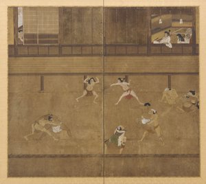 Paravent à deux panneaux représentant des lutteurs - Unknown artist