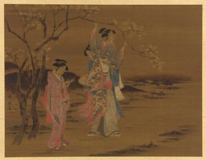 Deux filles et un homme sous un cerisier - Unknown artist