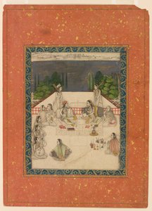 Deux femmes assises sur une terrasse, entourées de serviteurs et de musiciens - Unknown artist