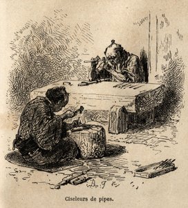 Deux ouvriers, chacun avec un marteau et un poinçon, sculptent des tuyaux en métal dans leur atelier. Gravure pour illustrer le voyage au Japon, par Aimé Humbert, ministre de la Confédération suisse, en 1863-1864, publié dans "Le tour du monde", sous la di - Unknown artist